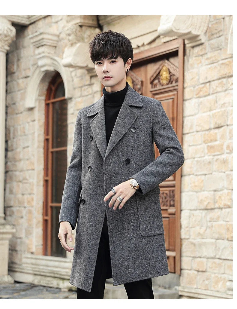 2023 Men's Autumn Winter New Long Woolen Windbreaker Coats Male Double-breasted Casual Jackets Men Wool Blends Outerwear