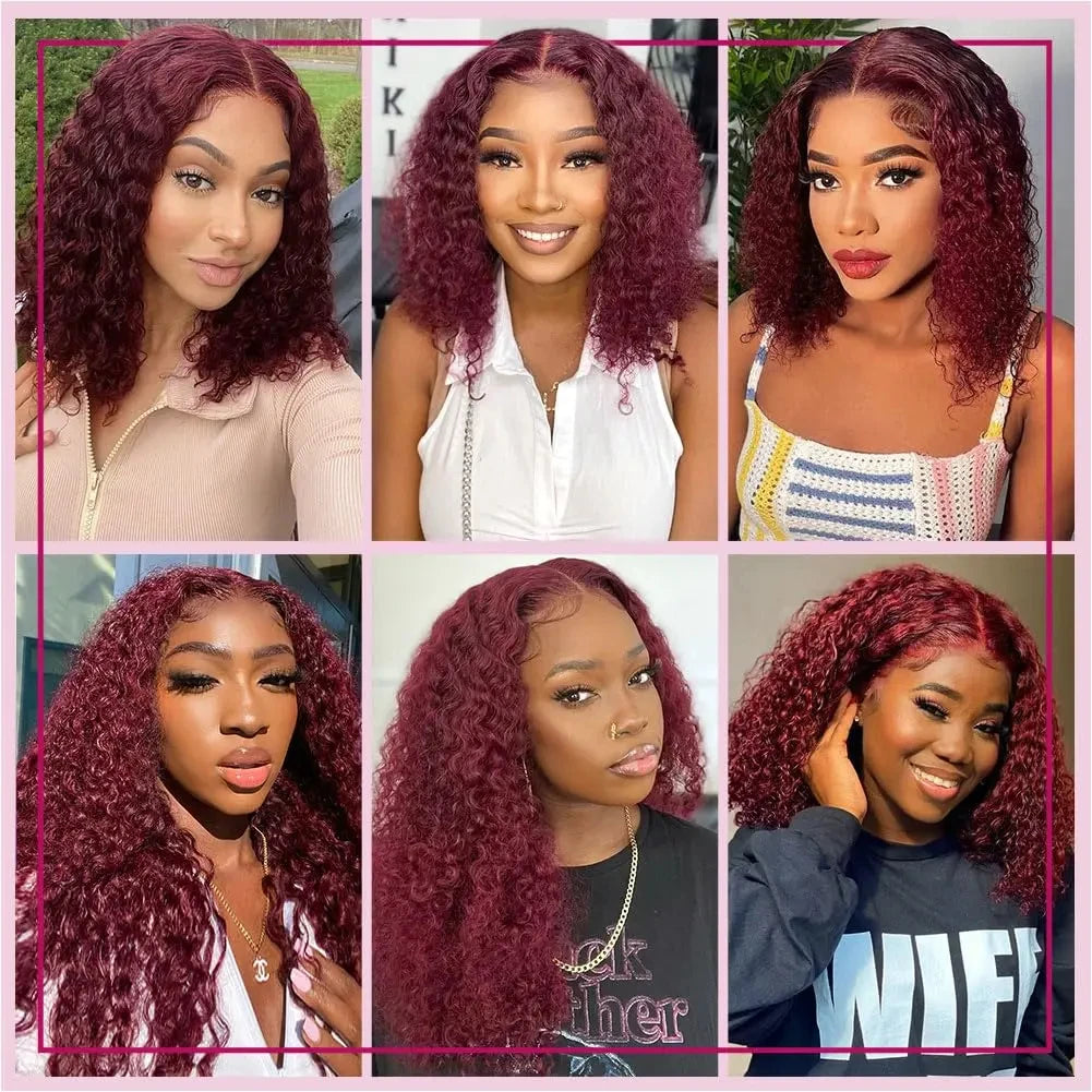 99J Burgundy Short Kinky Curly Bob Wigs Human Hair 13X4 Transparent Lace Wigs Deep Wave Brazilian Human Hair Lace Frontal Wig