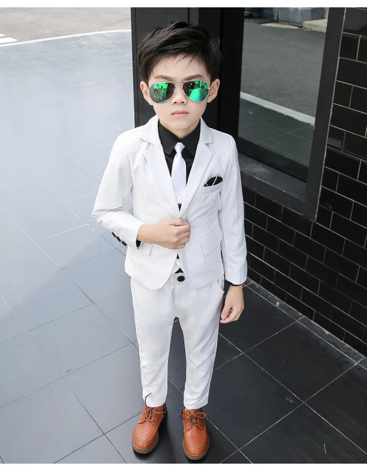 Flower Boys White Wedding Dress Suit Formal Kids Prom Baptism Tuxedo New Children's Day Performance School Uniform Costume,H126