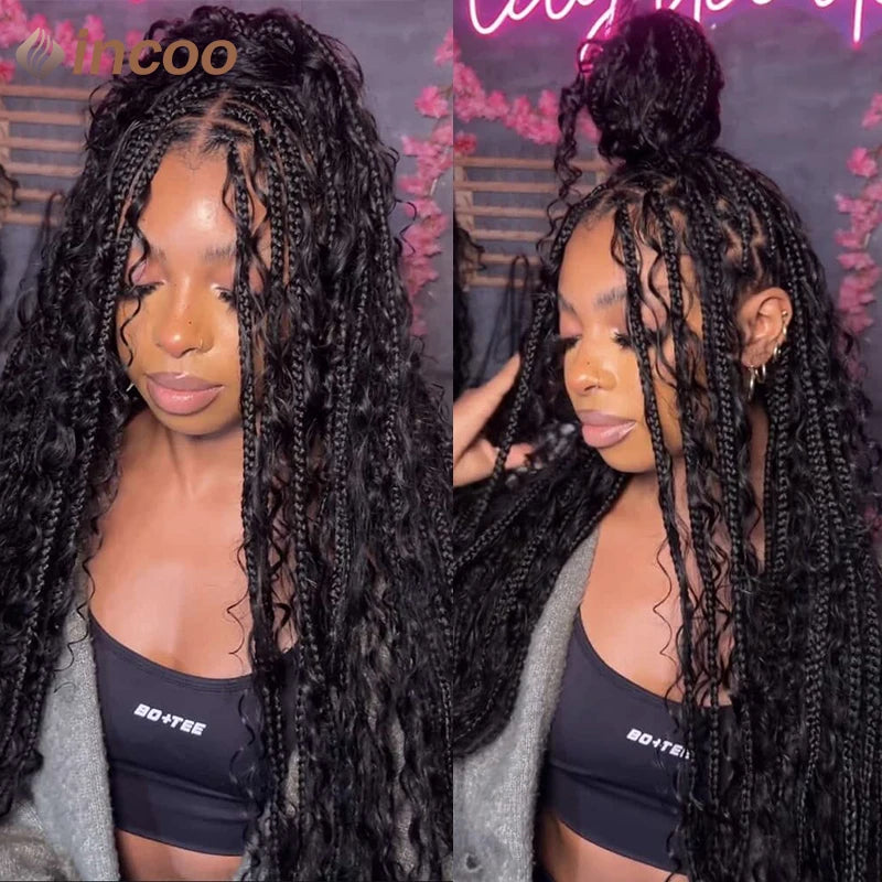 Boho Box Braided Wigs Curly Hair Synthetic Full Lace Front Wigs for Women Goddess Locs Braid Wig Burgundy Bohemian Box Braid Wig