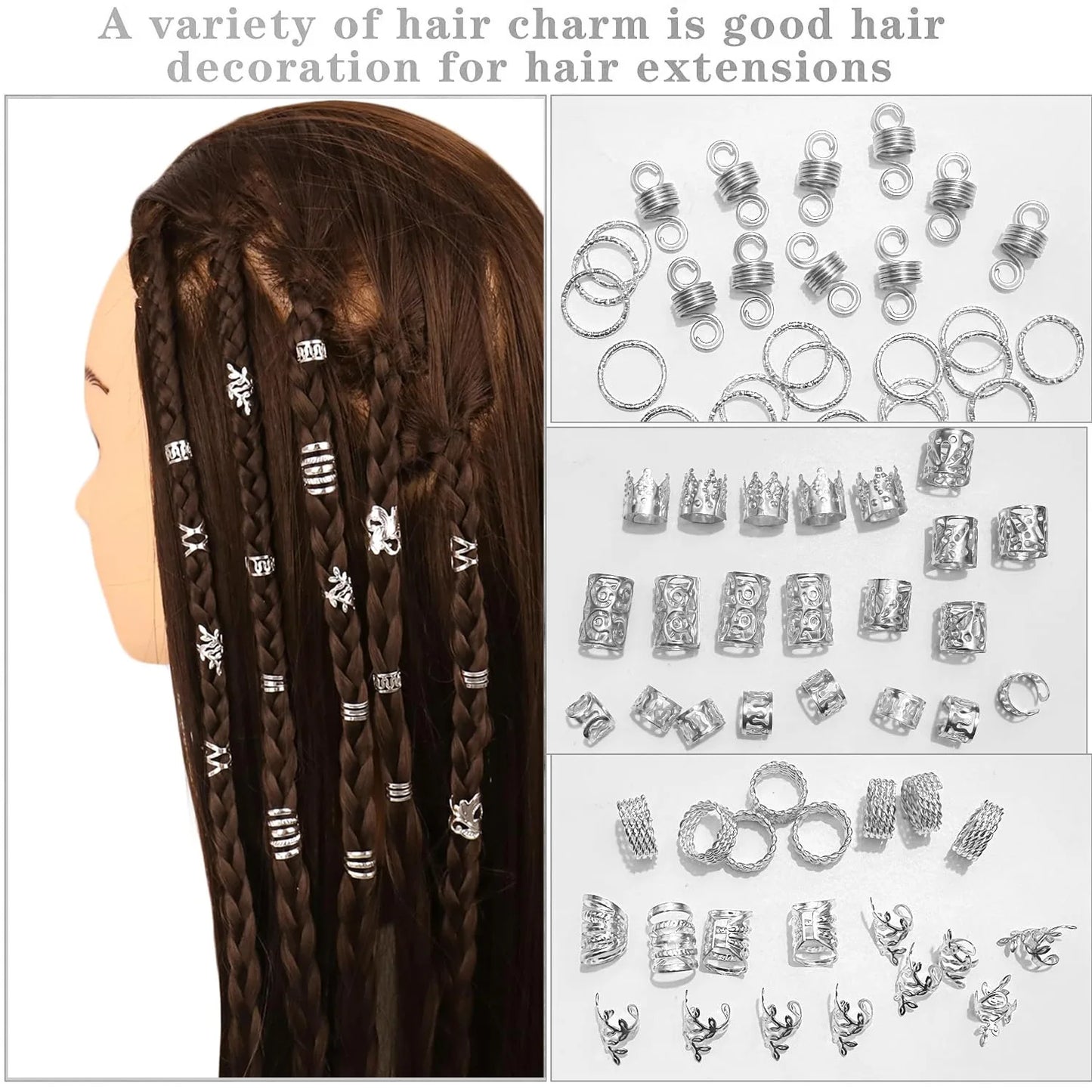 290Pcs Silver Gold Hair Beads Jewelry Braid Accessories Hair Clips Dreadlocks Braiding Braid Cuffs Metal Hair Rings Charms