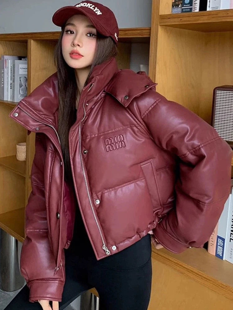 Winter Hooded Down Jacket Coat Women Manteaux Hiver Femme 2024 New Thick Warm PU Leather Parkas Loose Fashion Outerwear