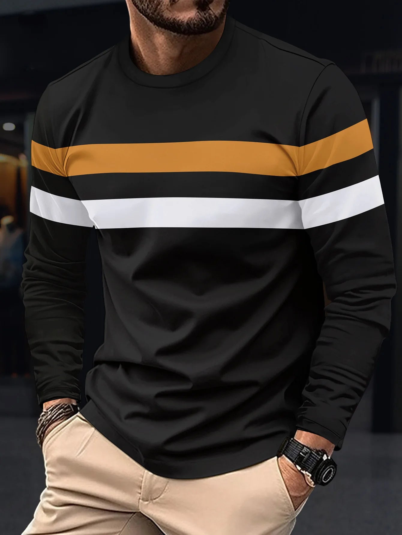 2024 Spring and Autumn Fashion Men's Long Sleeve Round Neck Splicing T-shirt Business Anti Wrinkle Street Wear Casual Top