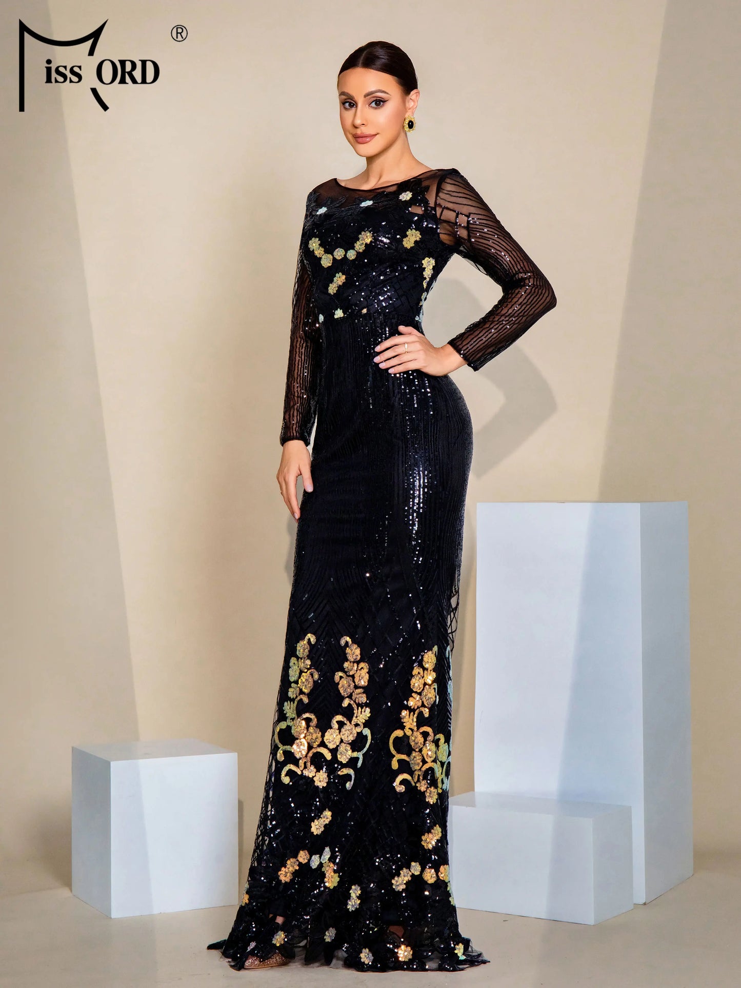 Missord Sexy Chic Elegant Woman Dress Round Neck Long Sleeved Sequin Mermaid Evening Gown Black Formal Occasion Dresses