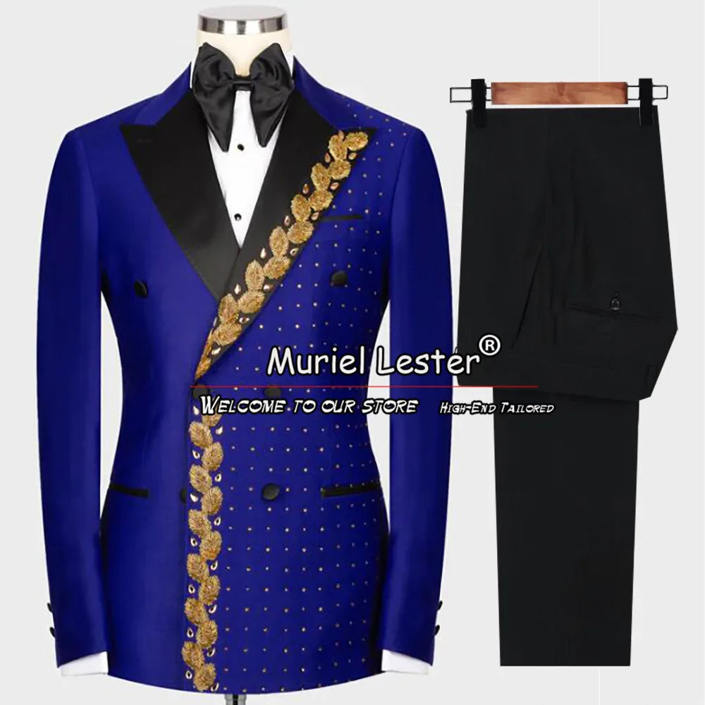 Luxury Wedding Suits Double Breasted Blazer Pants 2 Pieces Groom Tuxedos  Crystals Beads Men's Dress Customized Man Clothing