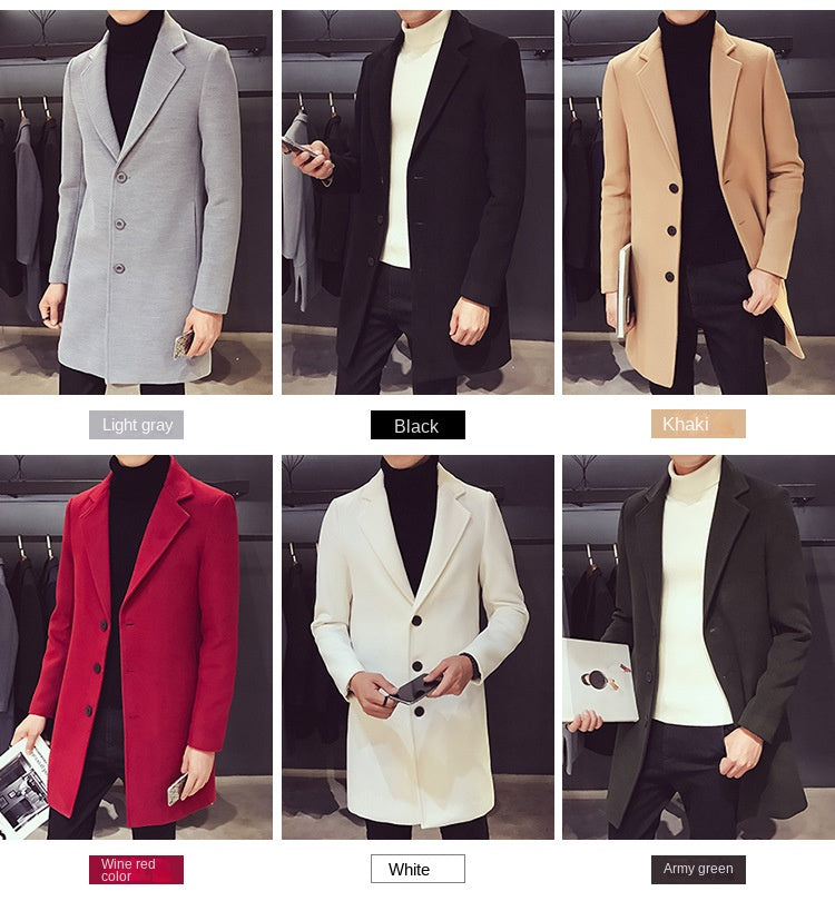 Men Long Cotton Coat 2023 Autumn Winter New Wool Blend Pure Color Casual Business Fashion Slim Windbreaker Jacket Men Clothing