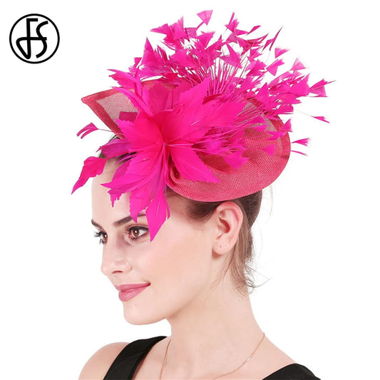 FS Rose Red Fascinators Kentucky Hats For Women Luxury Wedding Ceremony Church Headdress Ladies Cocktail Party Dress Derby Cap