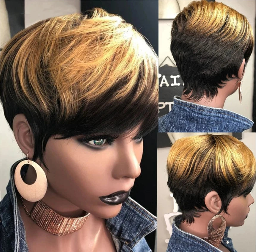 1B/27 Honey Blonde Ombre Color Short Wavy Bob Pixie Cut Full Machine Made 100% Human Hair Wigs With Bangs For Black Women