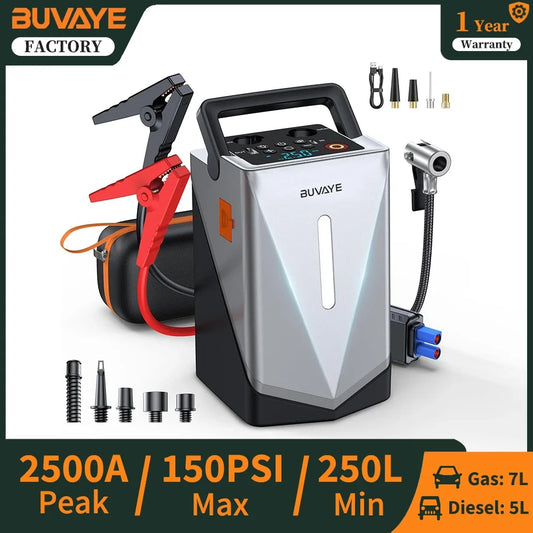 BUVAYE Portable Jump Starter 150PSI Air Compressor with Air Pump 2500A Battery Booster 250L/Min Inflatable Pump For Air Bed Boat