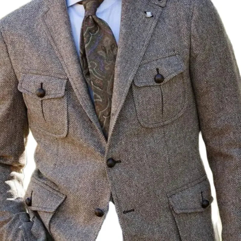 Men's Suit Brown Herringbone Blazer Prom Tuxedos Wool Tweed Single Breasted Two Buttons Bussiness/Wedding Jacket (Only Coat)