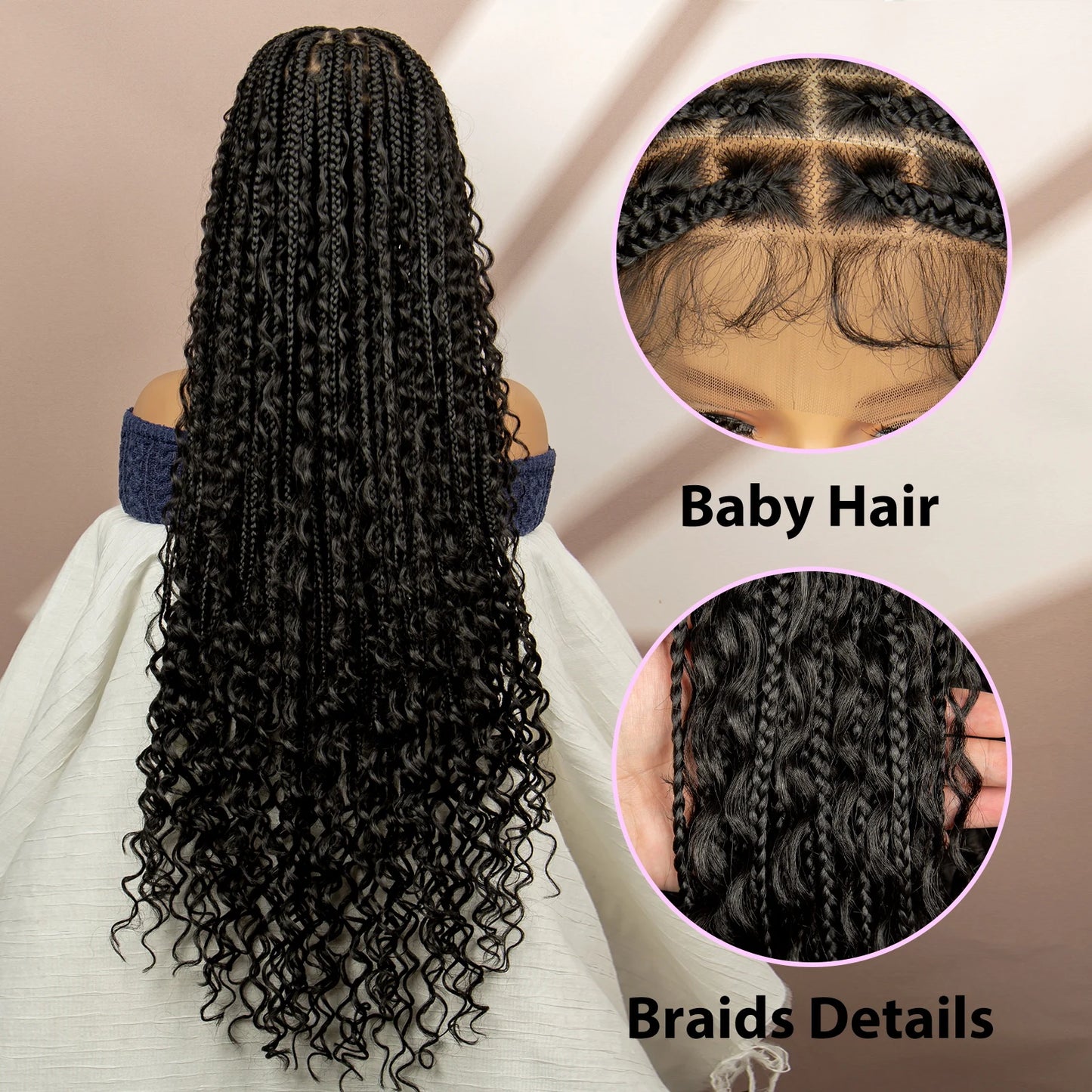 Synthetic Full Lace Bohemian Box Braided Wigs with Baby Hair Boho Box Braided Wigs Curly Hair Full Lace Front Wigs