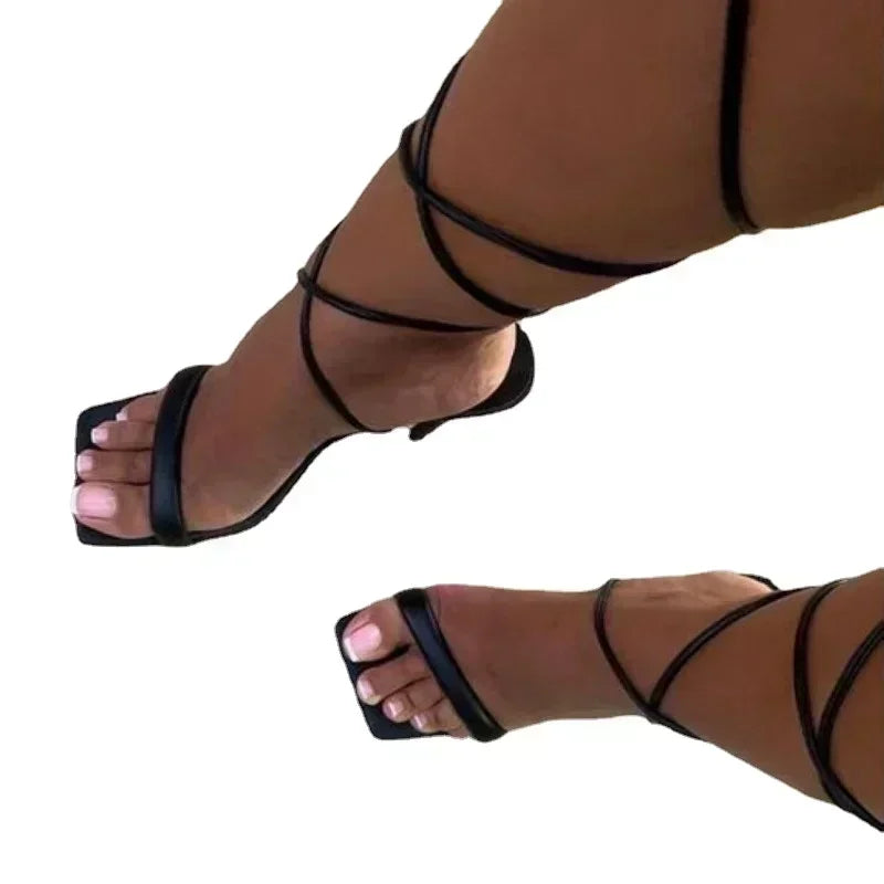 Ladies Shoes on Offer Brand Women's Sandals Ankle Straps Female Sexy Dress Lace Up Square Toe High Heels Open Toe Heeled Sandal