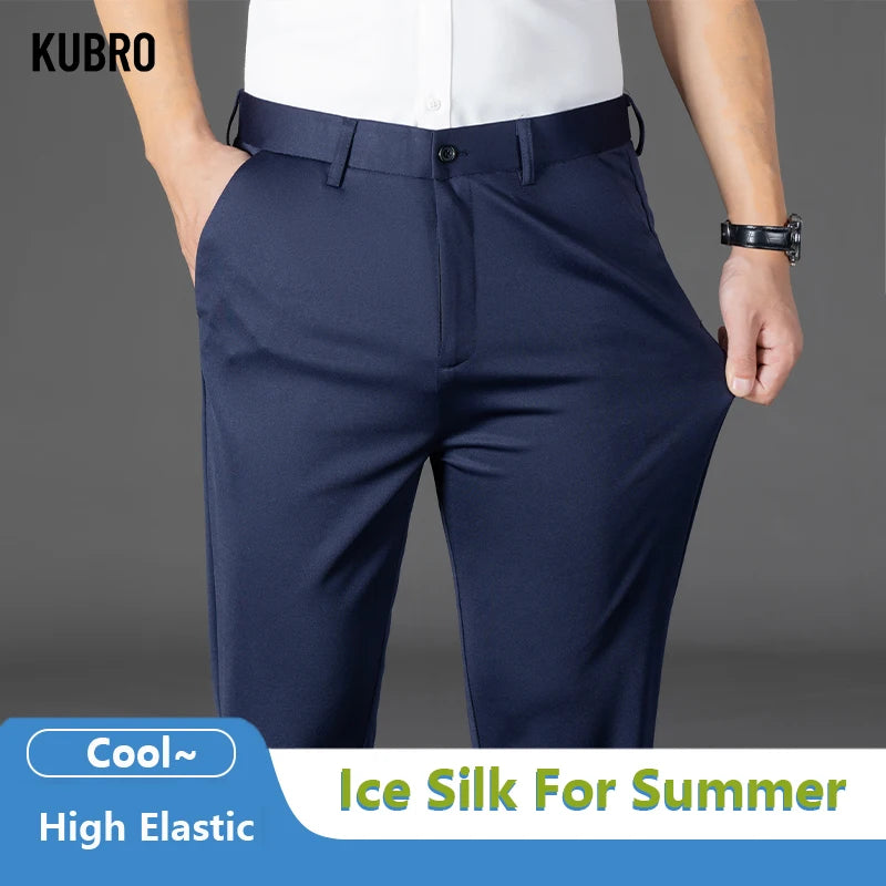 KUBRO Male Pants Stretch Ice Silk Smart Casual Men's Trousers Office Quick Dry Suit Pants New Spring Autumn Korean Straight 2024