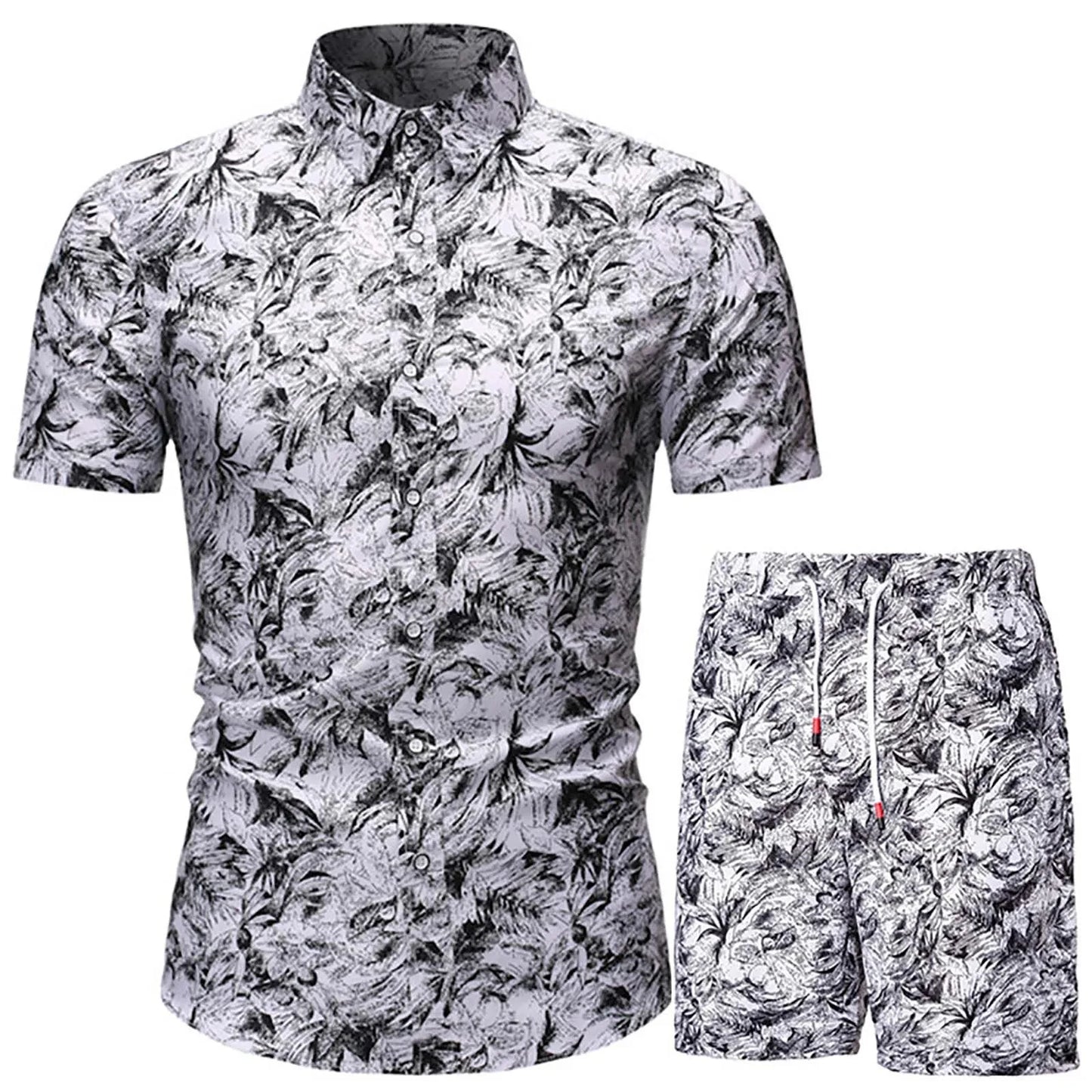 Floral Leaf Printed 2PCS Shirts Suits Men Fashion Shirts+Shorts 3D Two Piece Sets Hawaii Shirts Beach Shirt Sets Boy Beach Sets