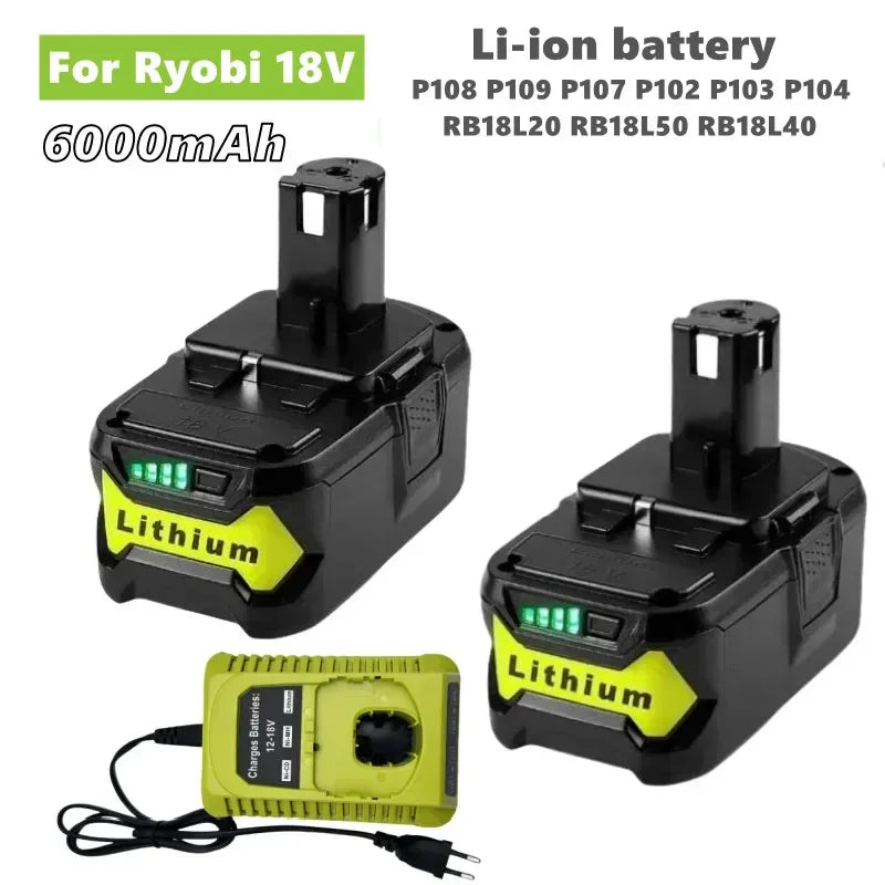 18V 6000mAh For RYOBI P108 One+ Plus Battery 18 Volt Lithium-Ion Power Tools Battery P104 P107 P108 RB18L20 RB18L50 RB18L40