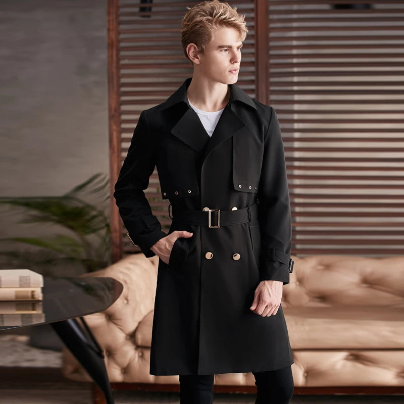 Spring Men's Fashion Long Trench Coat New Autumn Waterproof Loose Cotton Windbreaker Jacket Male Solid Double Breasted Outerwear