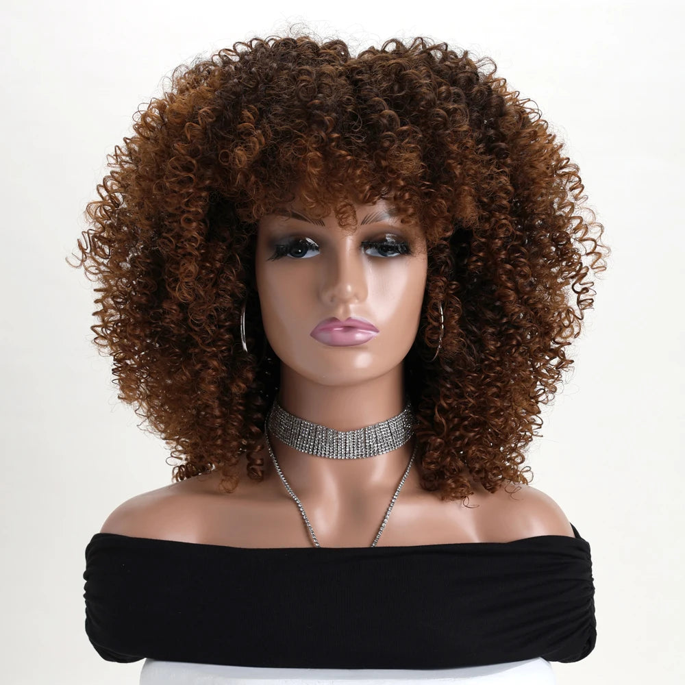 16 Inch Afro Kinky Curly Hair Wigs With Bangs Soft Fluffy Synthetic Fiber None Lace Wigs For Party Cosplay Daily Use