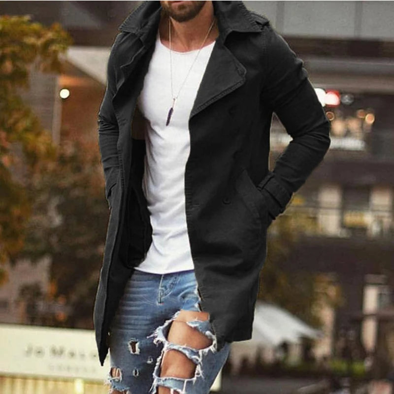 2022 Winter New Classic Double breasted Lapel Long Coats For Solid Fashion Windbreaker All Match Streetwear Autumn Male Clothes