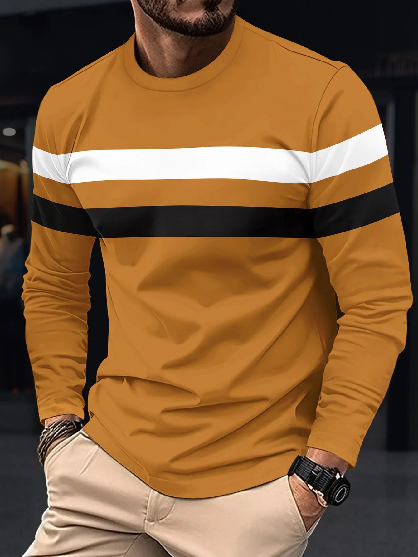 2024 Spring and Autumn Fashion Men's Long Sleeve Round Neck Splicing T-shirt Business Anti Wrinkle Street Wear Casual Top