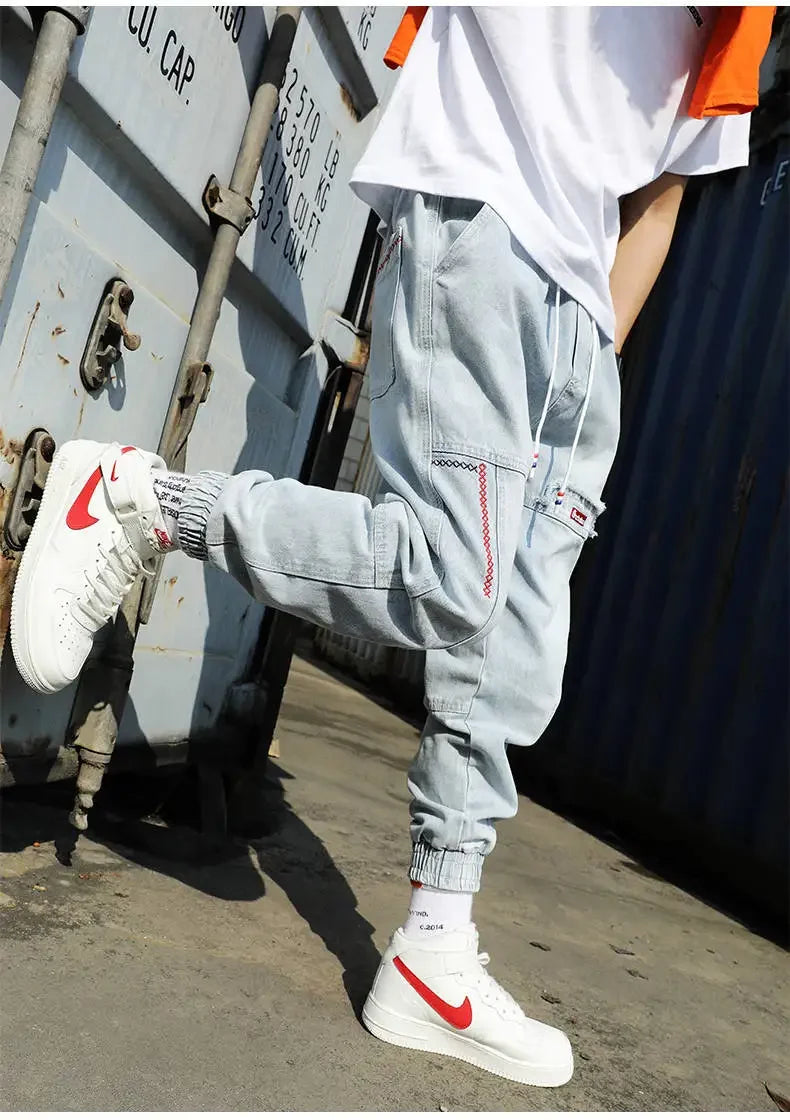 S-5XL Baggy Denim Pants for Men Autumn/winter Trendy Loose Cargo Jeans Casual Korean Slim Legged Male Hip-Hop Capri Pants Blue