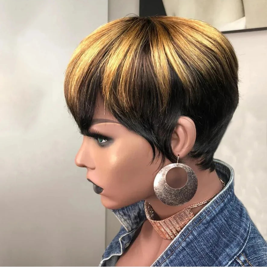 1B/27 Honey Blonde Ombre Color Short Wavy Bob Pixie Cut Full Machine Made 100% Human Hair Wigs With Bangs For Black Women