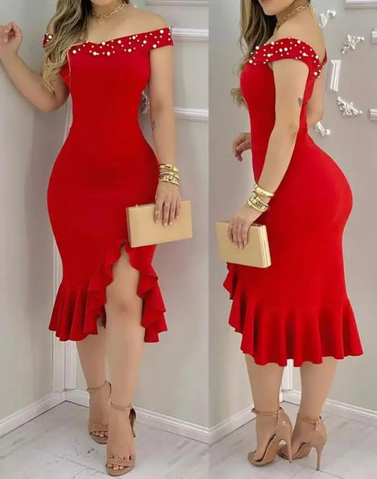 Women Elegant Dress 2024 Spring Summer Latest Beaded Off Shoulder Ruffles Slit Party Midi Dress Short Sleeves Skinny Short Skir