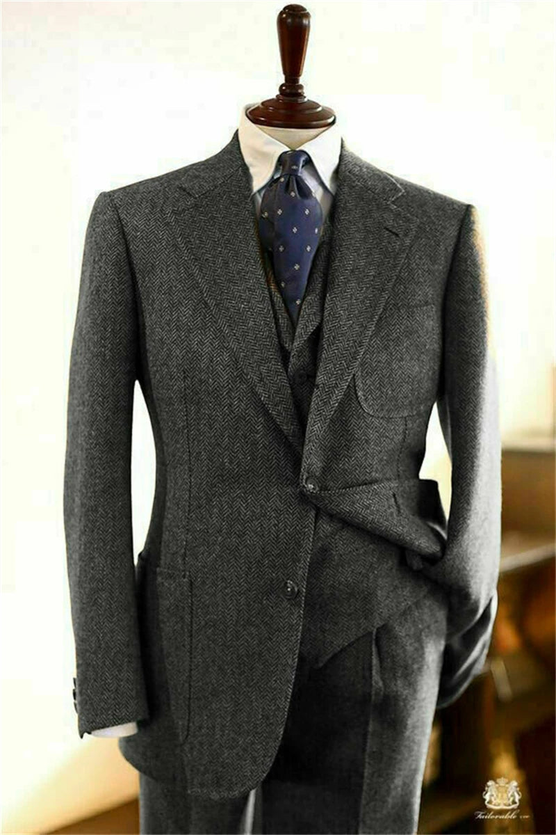 Grey 3 Piece Wedding Tuxedos Notched Lapel Two Buttons Herringbone Tweed Formal Men Suits Custom Made Peaky Blinders Bridegroom