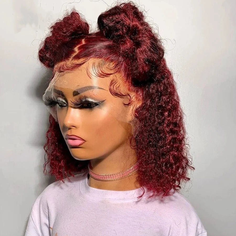 99J Burgundy Short Kinky Curly Bob Wigs Human Hair 13X4 Transparent Lace Wigs Deep Wave Brazilian Human Hair Lace Frontal Wig