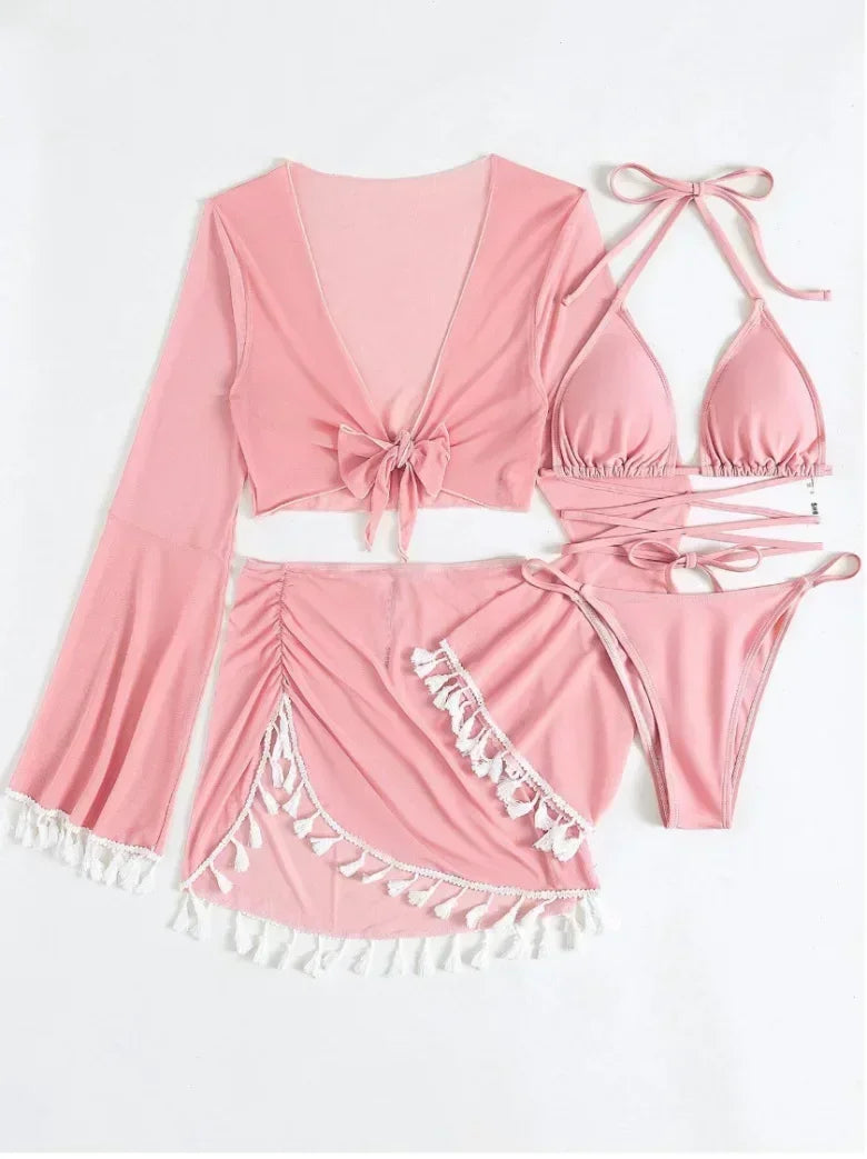 2024 New Women's Split Three-Four-Piece Set Solid Color Tassel Lace-Up Long Sleeves   Trade Swimsuit Bathing Suit