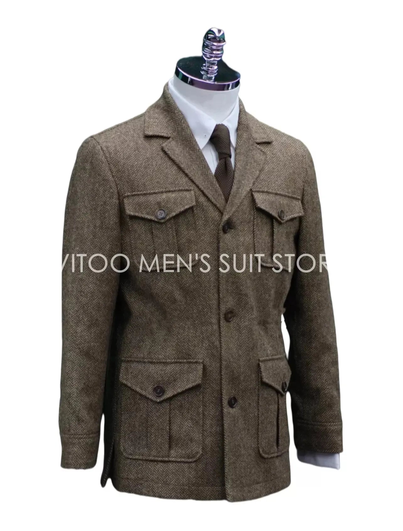 Winter Tweed Herringbone Men Suits/Classic Safari Jacket With Four Envelope Pocket/Unique Design Casual Male Clothing Coat+Tie