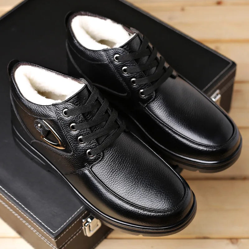 New in Men's Genuine Leather Boots Winter Snow Shoes Wool Inner Anti slip Father Ankle Boots Waterproof Warm Man Cotton Boot
