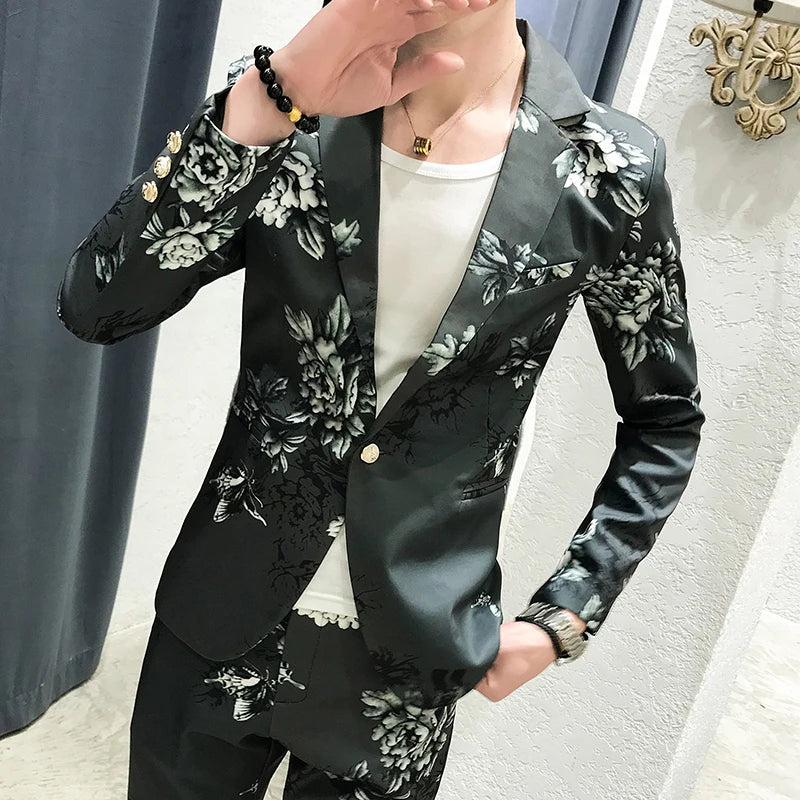 (Jackets+Pants) 2023 Men's Spring Printed Business Blazers/Male Slim Fit Casual Suit of Two Pieces Groom's Wedding Dress S-3XL