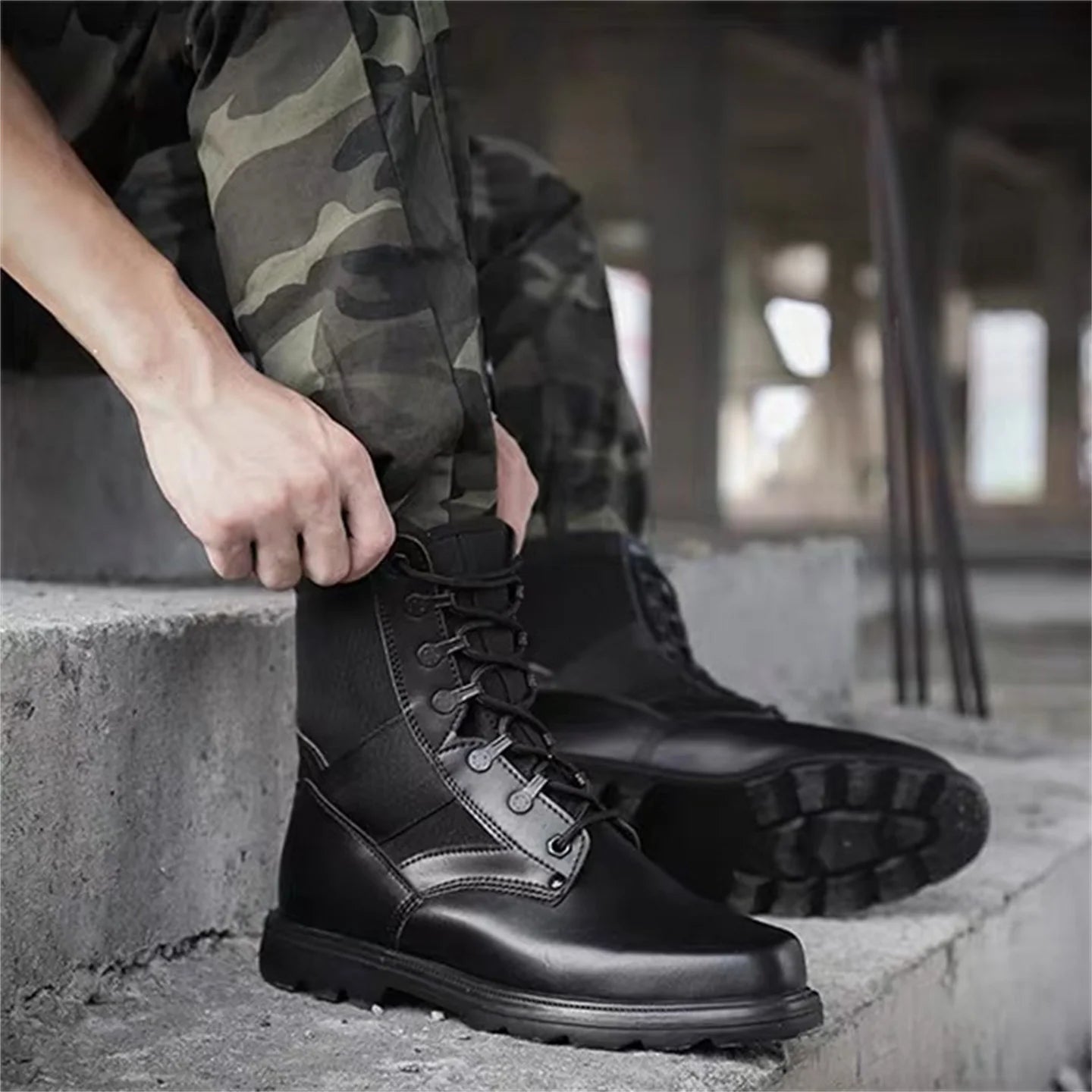 High Top Black Leather Tactical Boots Men's Outdoor Hunting Shoes Waterproof Breathable Steel Head Hiking Training Boots