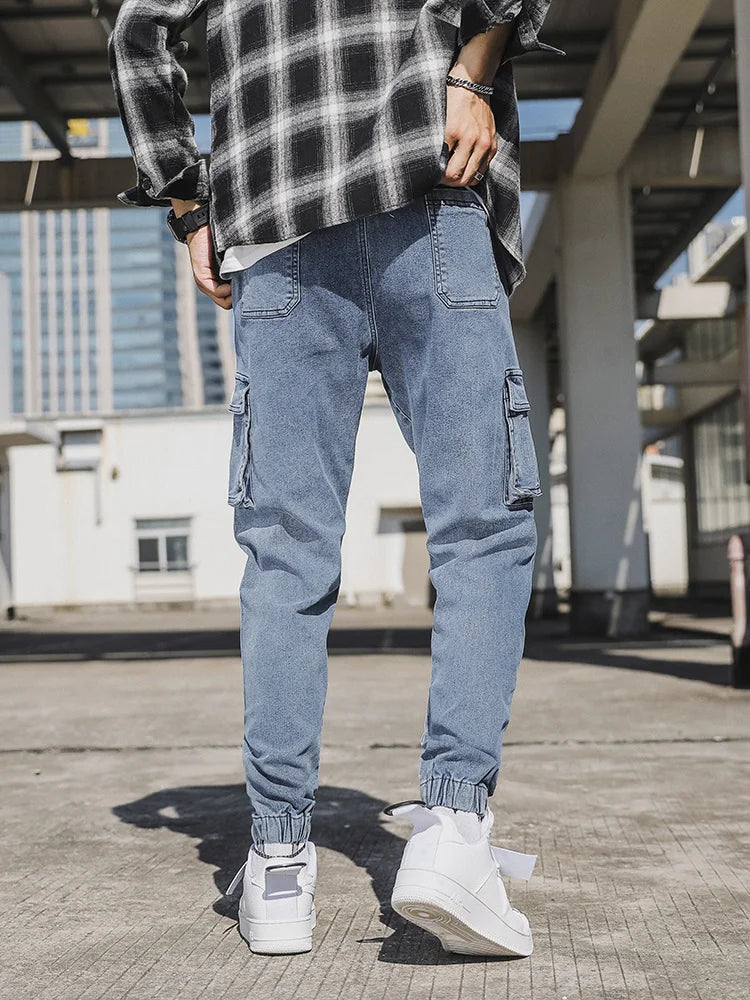 Spring Autumn Men's Jeans Multi-Pockets Work Wear Cargo Pants Black Blue Elastic Waist Denim Joggers Big Size Jean Trousers 8XL