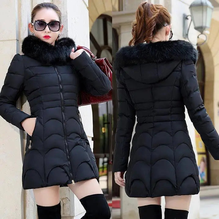 Cotton Padded Women Hoodie Medium Length Slim Fit Knee Length Bread Jacket Niche Plush and Thick Hooded Gentle and Versatile