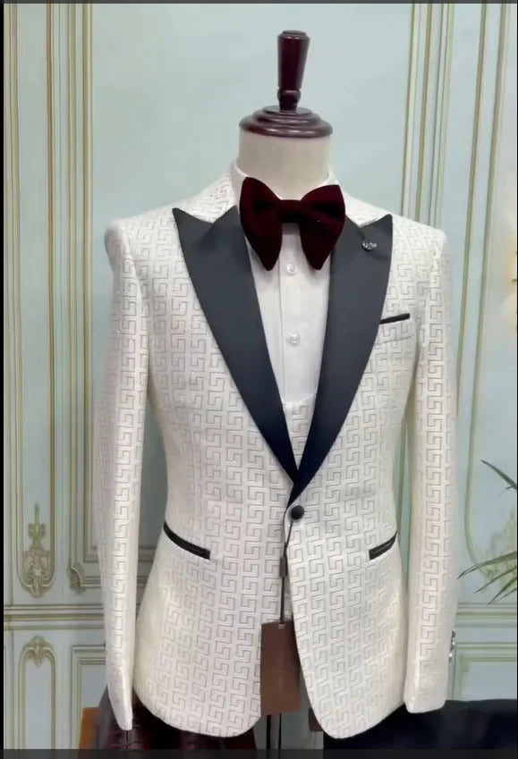 Black and White Men's Suit 3-piece Gold Palace Print Road Wedding Costume Men Clothing  Wedding Suits for Men