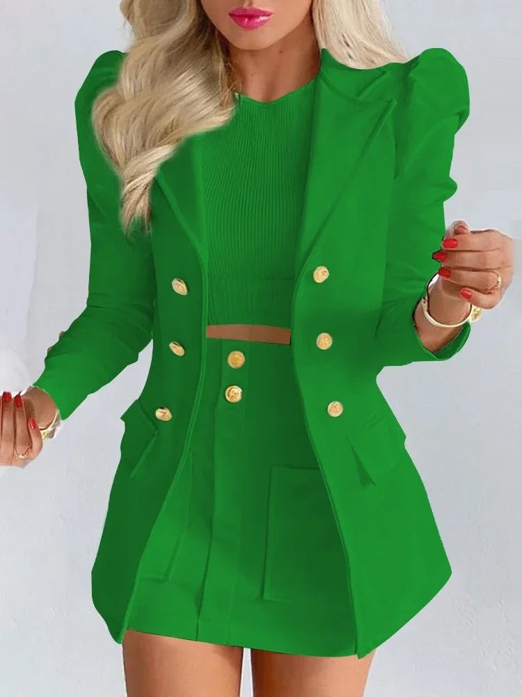 Fashion Women's Summer Spring Long Sleeve Office Lady Jacket with Mini Skirt Two-piece Suit Solid Color Blazer and Skirt Sets