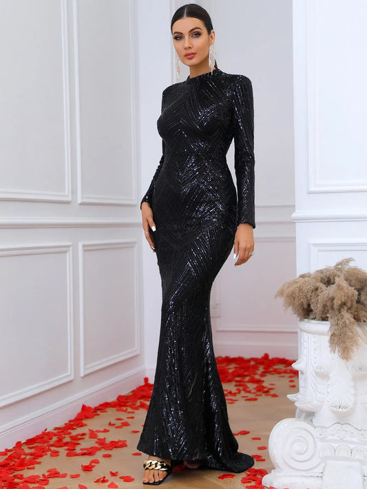 LOVE&LEMONADE Black Long Sleeves Mermaid Hem Sequin Formal Gown Evening Party Dress for Women Girls Wholesale Dropshipping