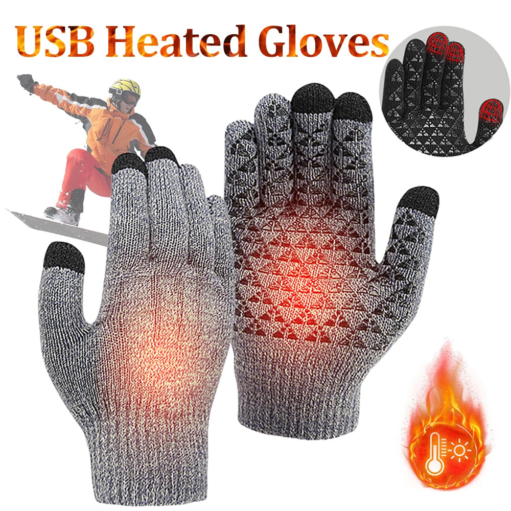 USB Electric Heated Gloves Winter Gloves Thermal Touch Screen Thermal Windproof Warm Knitted Glove Motorcycle Bicycle Gloves