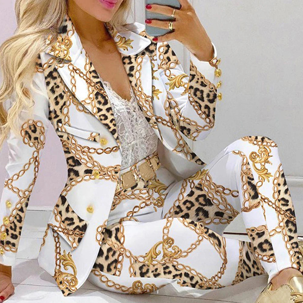 Fashion Women Jacket + Pants 2 Piece Set Spring New Button Long Sleeve Turn-down Collar Print Suit Casual Blazer Versatile Set