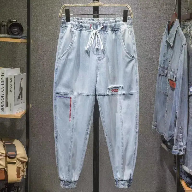 Light Blue Denim Pants for Men Trendy Loose Harem Jeans Retro Ankle-length Pants with Elastic Cuffs Cargo Pants Plus Size 5XL