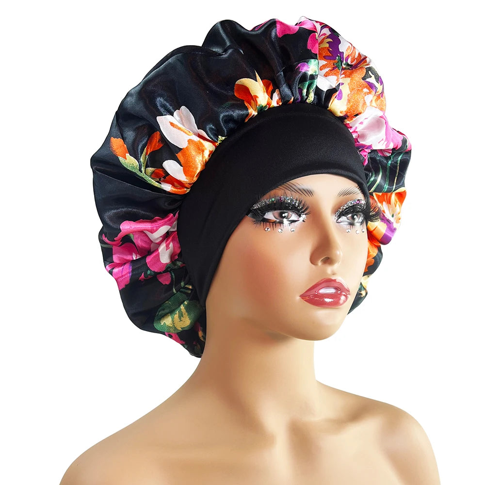 Women Satin Bonnet Cap Silky Big Bonnet for Women Floral Printing Sleep Cap Design Boneet's