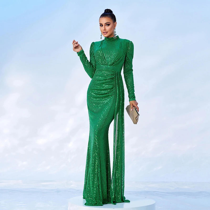 Women Luxury Elegant 2024 Long Sleeve O Neck Sequined Evening Party Formal Occasion Cocktail Prom Bridesmaid Maxi dresses