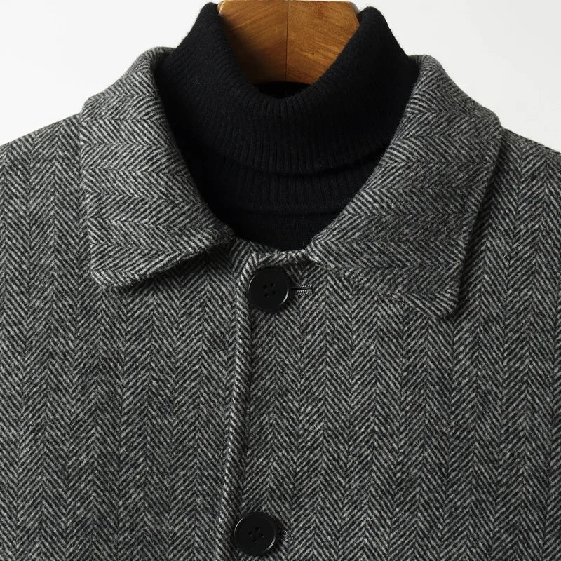 Autumn Winter Herringbone 100% Wool Coats for Men Belt Business Casual Double Sided Woolen Jacket Men's Long Coat Male Clothing