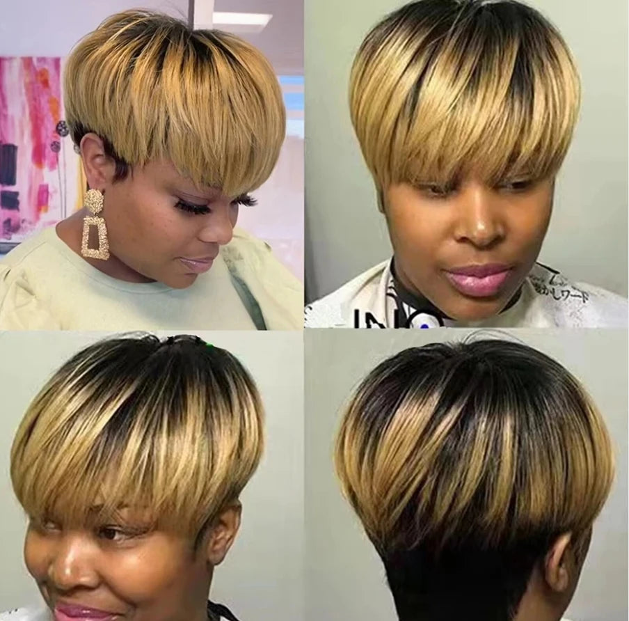 1B/27 Honey Blonde Ombre Color Short Wavy Bob Pixie Cut Full Machine Made 100% Human Hair Wigs With Bangs For Black Women