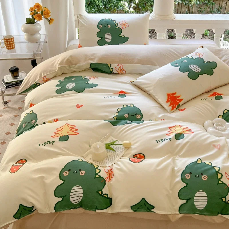 Kawaii Bear Bed Set Floral Duvet Cover Bed Linen Sheet Pillowcase Bedding Cute Dog Quilt Cover Full Queen King Size for Children