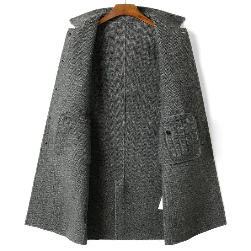 Autumn Winter Herringbone 100% Wool Coats for Men Belt Business Casual Double Sided Woolen Jacket Men's Long Coat Male Clothing