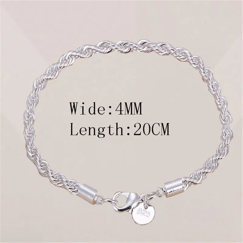 925 Sterling Silver 4MM Twisted Rope Bracelets For Women Men Fashion Minimalist Couple Chain Bracelet Male Silver Jewelry Gifts