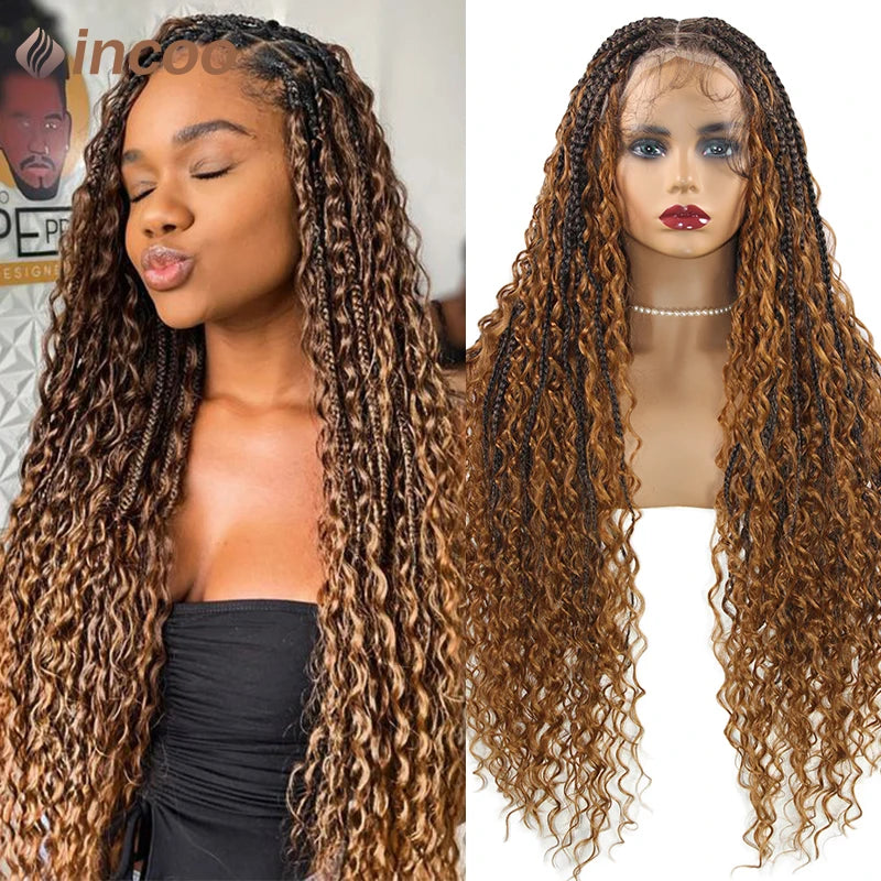 Boho Box Braided Wigs Curly Hair Synthetic Full Lace Front Wigs for Women Goddess Locs Braid Wig Burgundy Bohemian Box Braid Wig