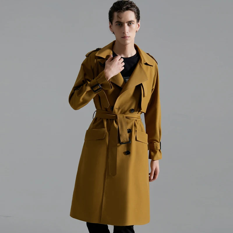 Spring Men's Fashion Long Trench Coat New Autumn Waterproof Loose Cotton Windbreaker Jacket Male Solid Double Breasted Outerwear